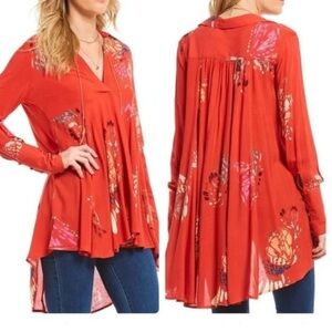 Free People Red Bell Sleeve Tunic with Mandarin Collar